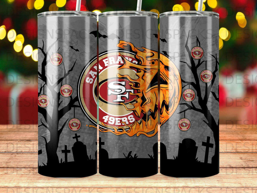 San Francisco 49ers Halloween tumbler with spooky trees and tombstones.