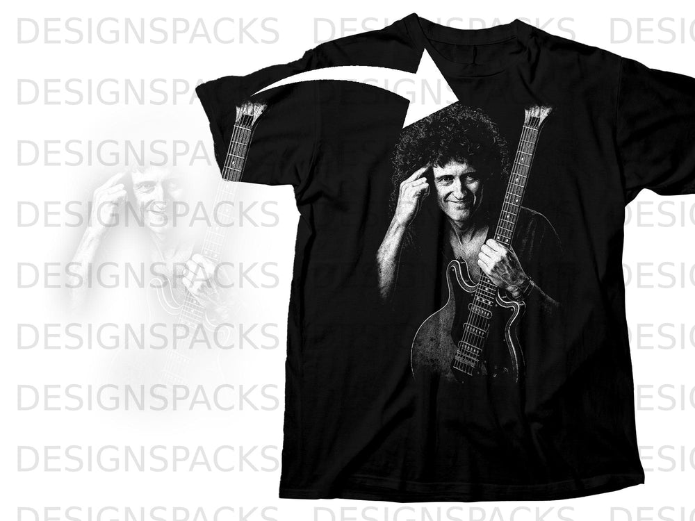 Black t-shirt with a grayscale print of a man holding a guitar.