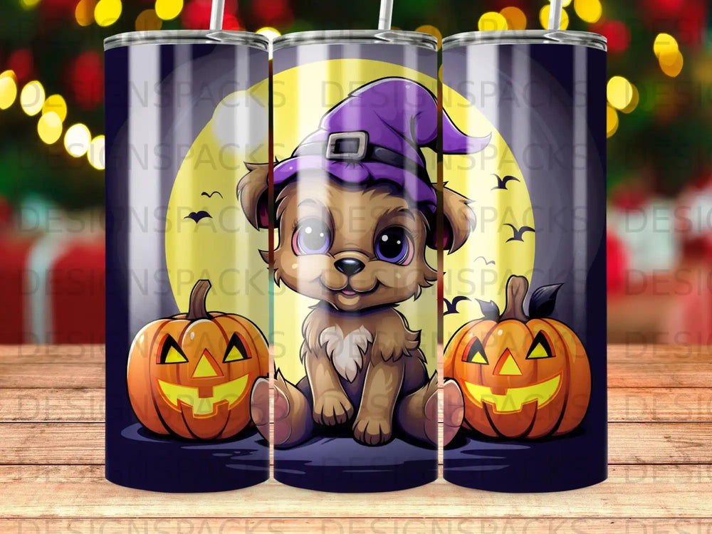 Brown puppy wearing a purple witch hat sits between two jack-o'-lanterns.