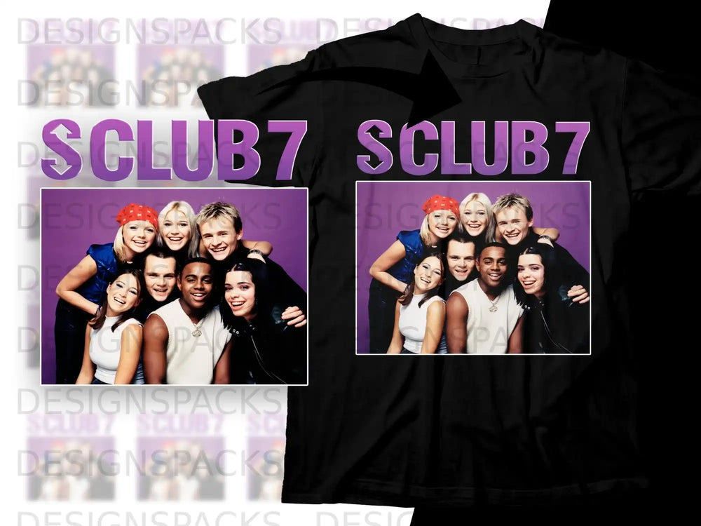 S Club 7 group shot, front and back view of t-shirt with S Club 7 logo.