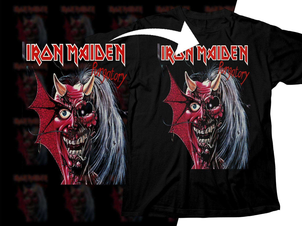 Iron Maiden Purgatory design on black t-shirt, featuring red devil with horns and wings