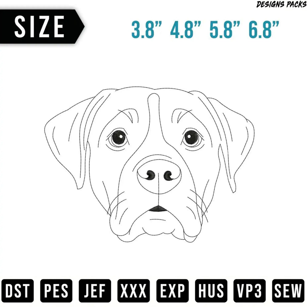 Line art of a dog's head with size and file format options listed.