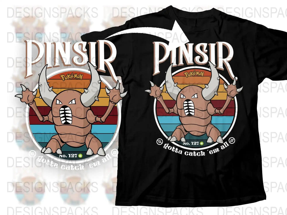 Pinsir Pokémon design on black t-shirt, vintage retro style, No. 127, 'gotta catch 'em all'