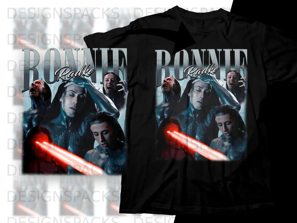 Black t-shirt with collage of Ronnie Radke with glowing red eyes.