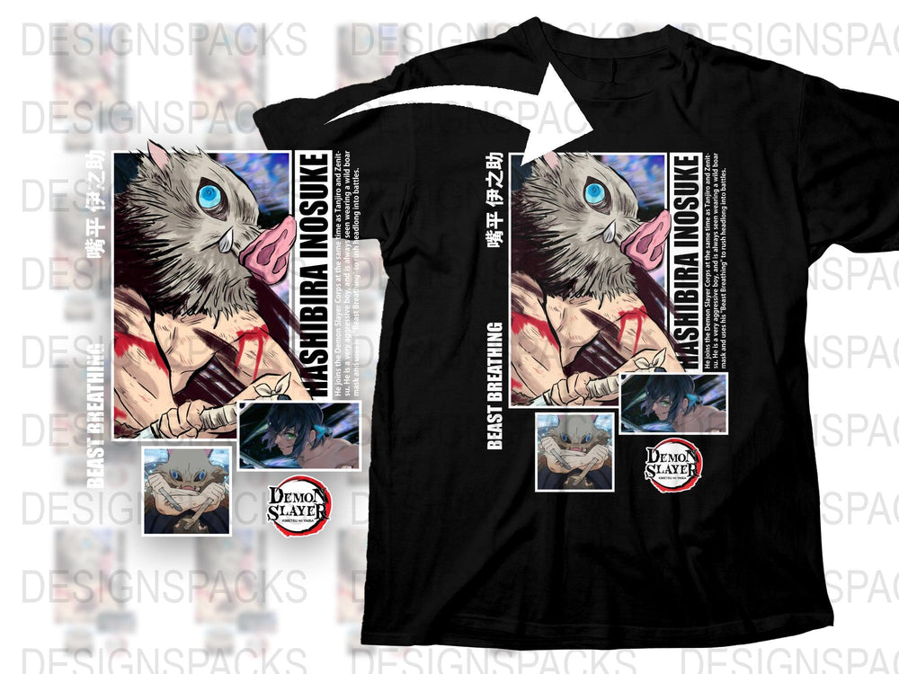 Demon Slayer Anime T-Shirt, Hashibira Inosuke Graphic Tee, Japanese Manga Shirt, Unisex Cotton Black Shirt, Fan Gift Idea