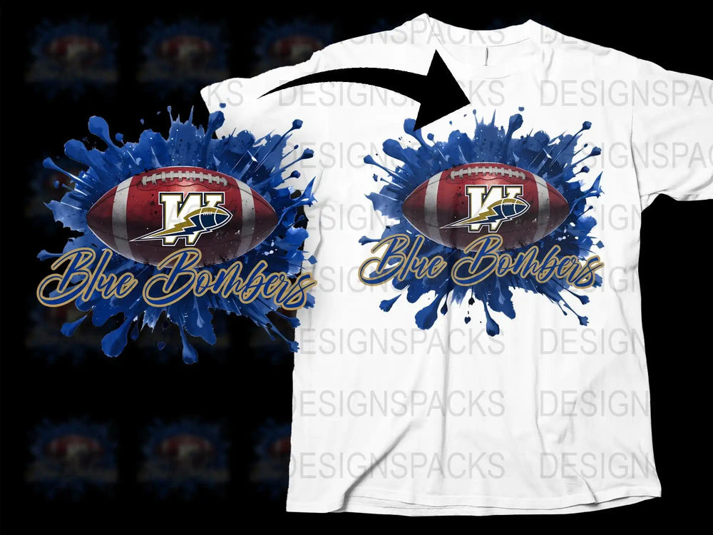 Blue Bombers football design with splash effect, print-ready for DTG/DTF on white tee