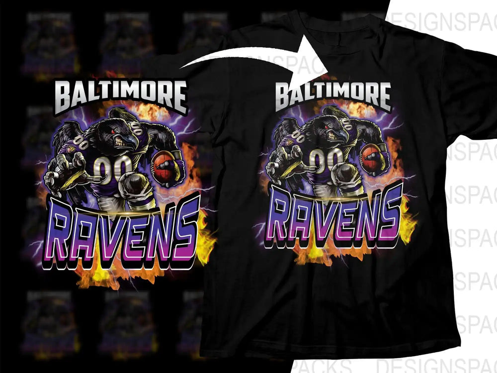 Baltimore Ravens football design on black t-shirt with fiery graphics and bold text