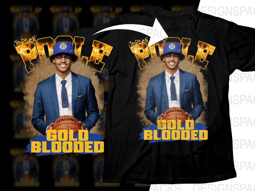 Jordan Poole 'Gold Blooded' basketball t-shirt design, print-ready PNG for DTF/DTG, featuring Warriors cap and Spalding ball