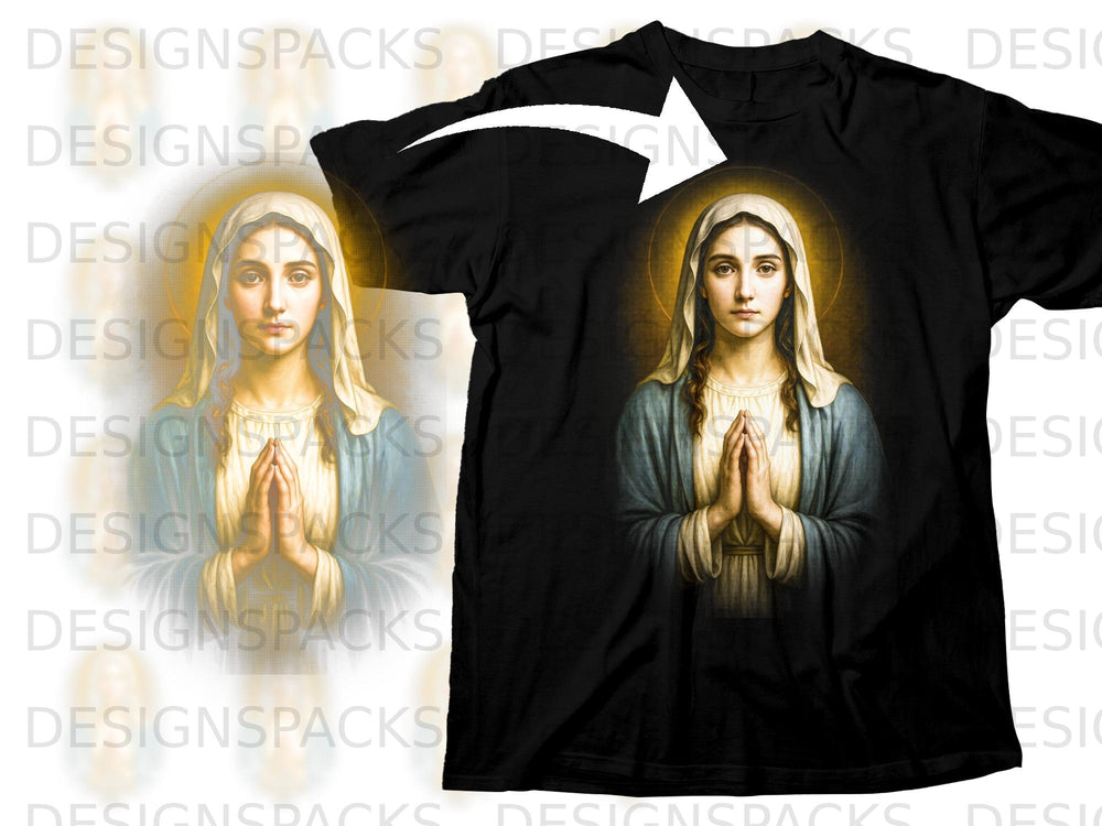 Religious depiction of praying Virgin Mary on a black t-shirt.