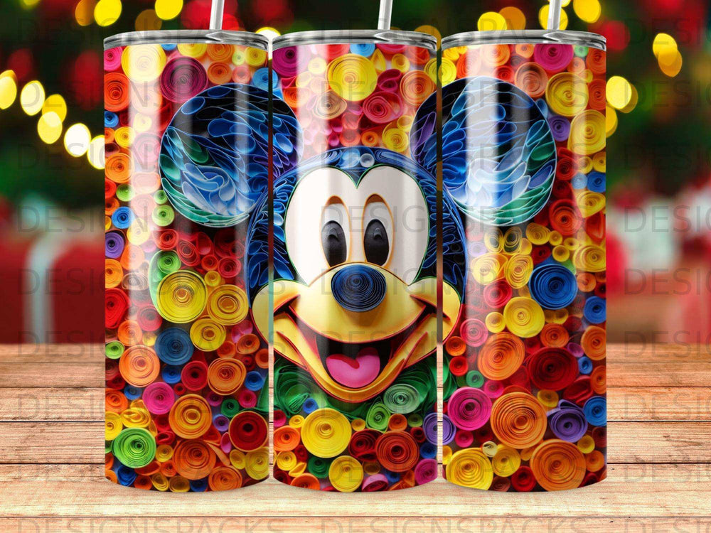 Mickey Mouse with colorful, rolled paper background pattern.