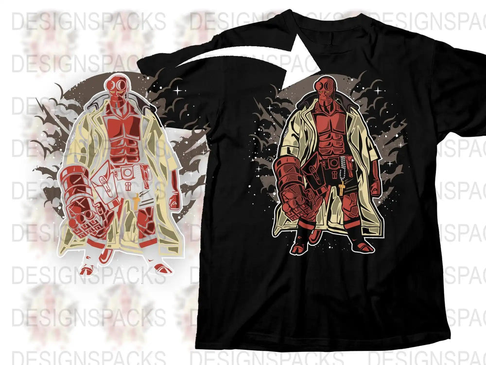 Hellboy t-shirt design with red demon hero in trench coat, print-ready PNG for DTG/DTF