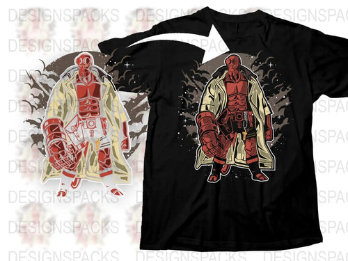 Hellboy t-shirt design with red demon hero in trench coat, print-ready PNG for DTG/DTF