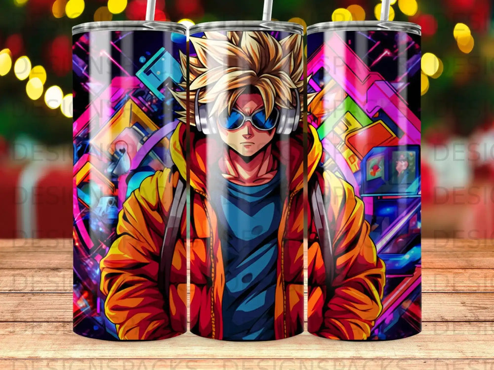 Anime character in orange jacket with headphones against colorful geometric background.