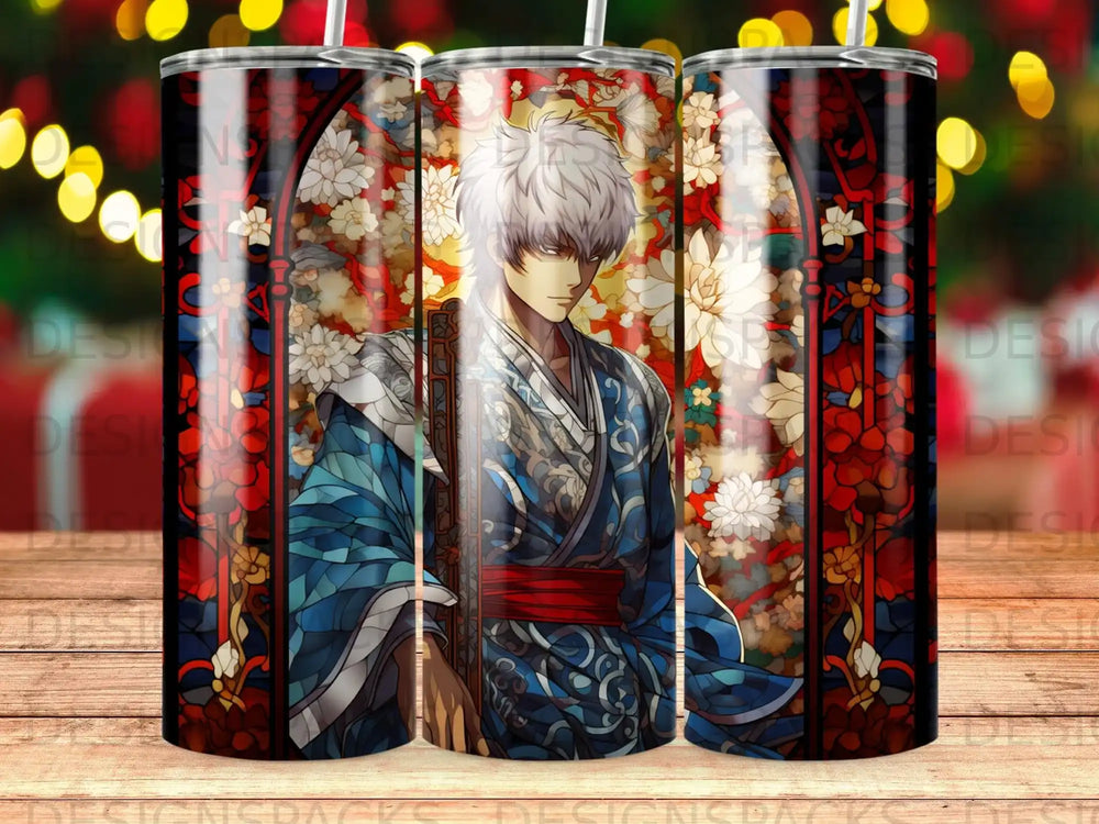 Anime character in blue kimono with floral stained glass background.