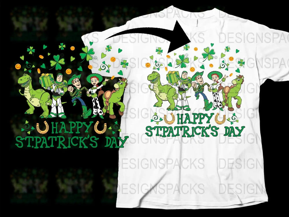 St. Patrick's Day t-shirt design with Toy Story characters, shamrocks, and gold coins