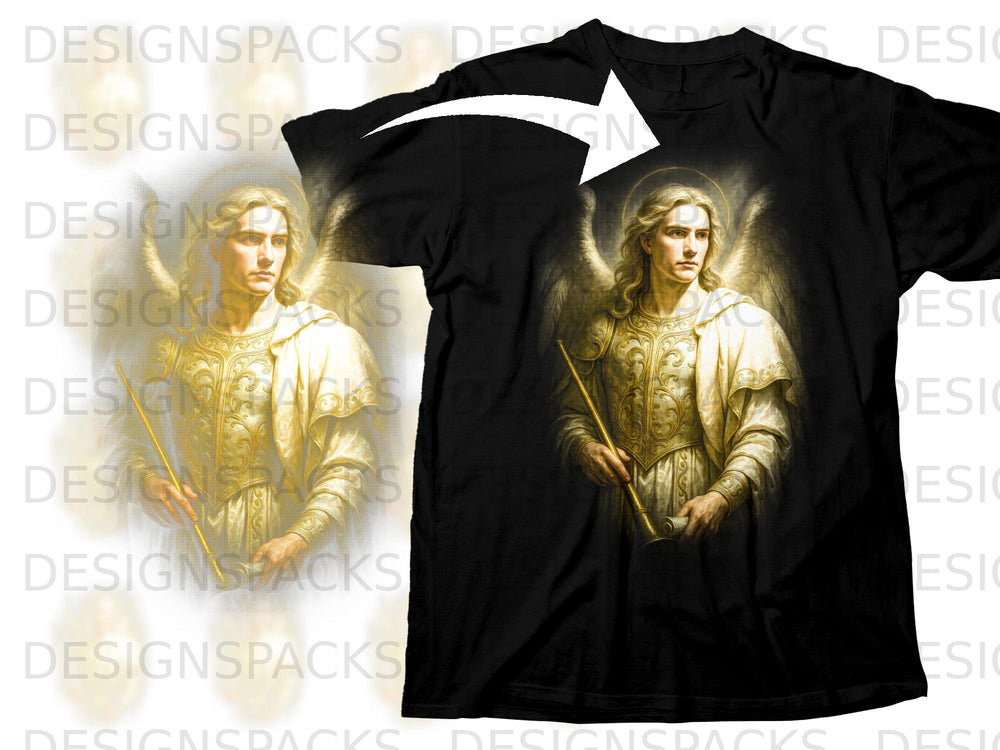 Black t-shirt with graphic of an angel in golden armor holding a staff and scroll.