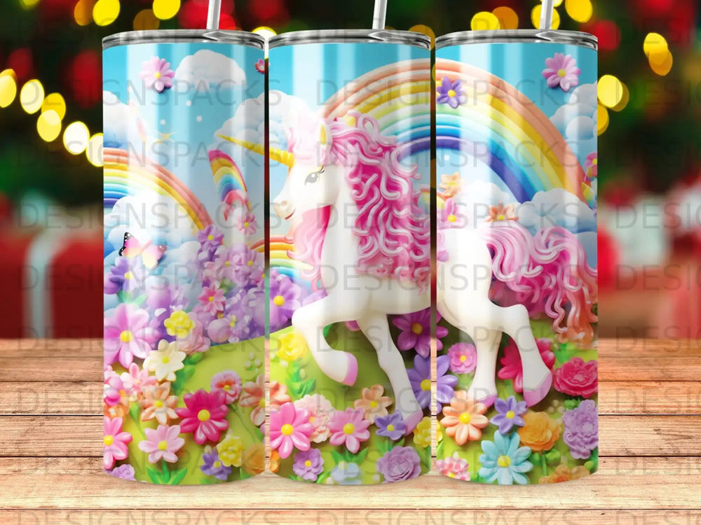 Unicorn with pink mane and tail, rainbow, flowers, and clouds on a tumbler.