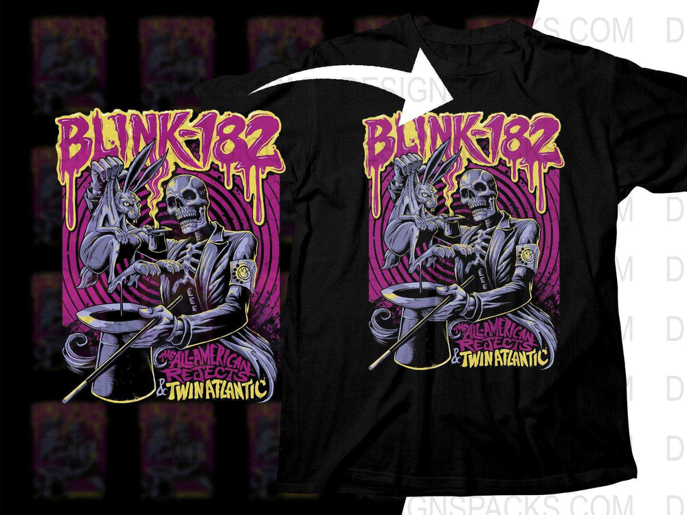 Blink-182 t-shirt design with skeleton and rabbit, vibrant purple and yellow graphics