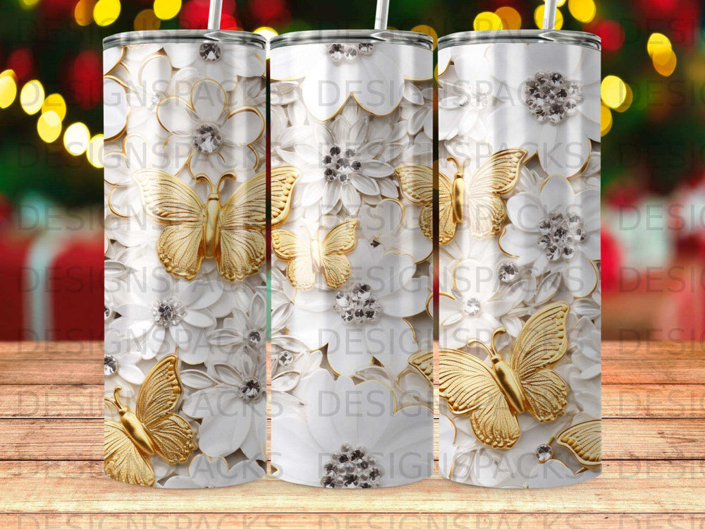 Gold butterflies and white flowers on a sparkly tumbler.