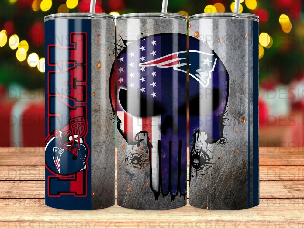 New England Patriots skull tumbler with distressed metallic background.