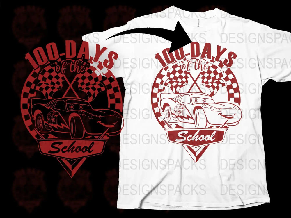 100 Days of School race car t-shirt design with checkered flags, print-ready SVG/PNG for DTG/DTF