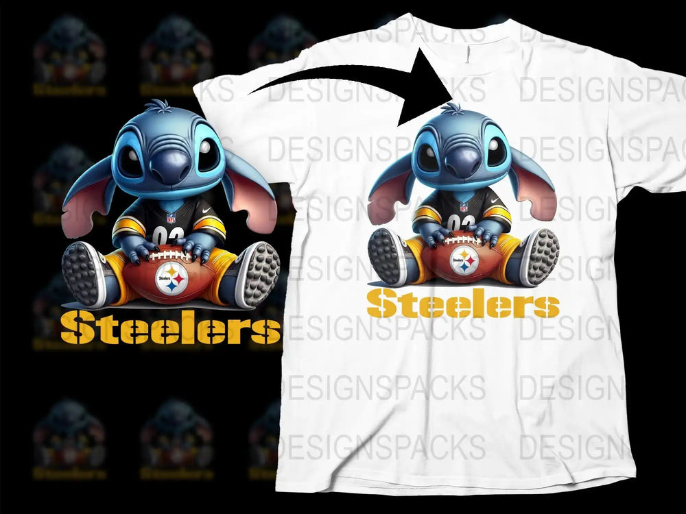 Stitch in Steelers jersey holding football, print-ready design for t-shirts, DTF DTG compatible