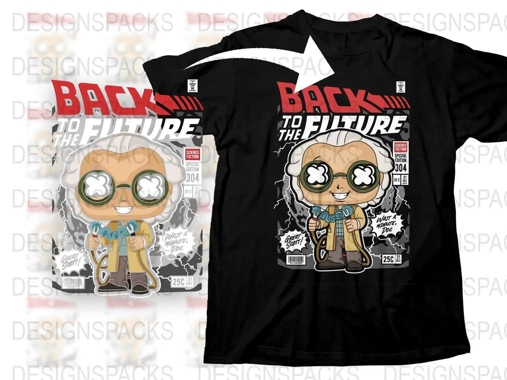 Back to the Future Doc Brown comic-style t-shirt design, print-ready PNG SVG for DTG DTF