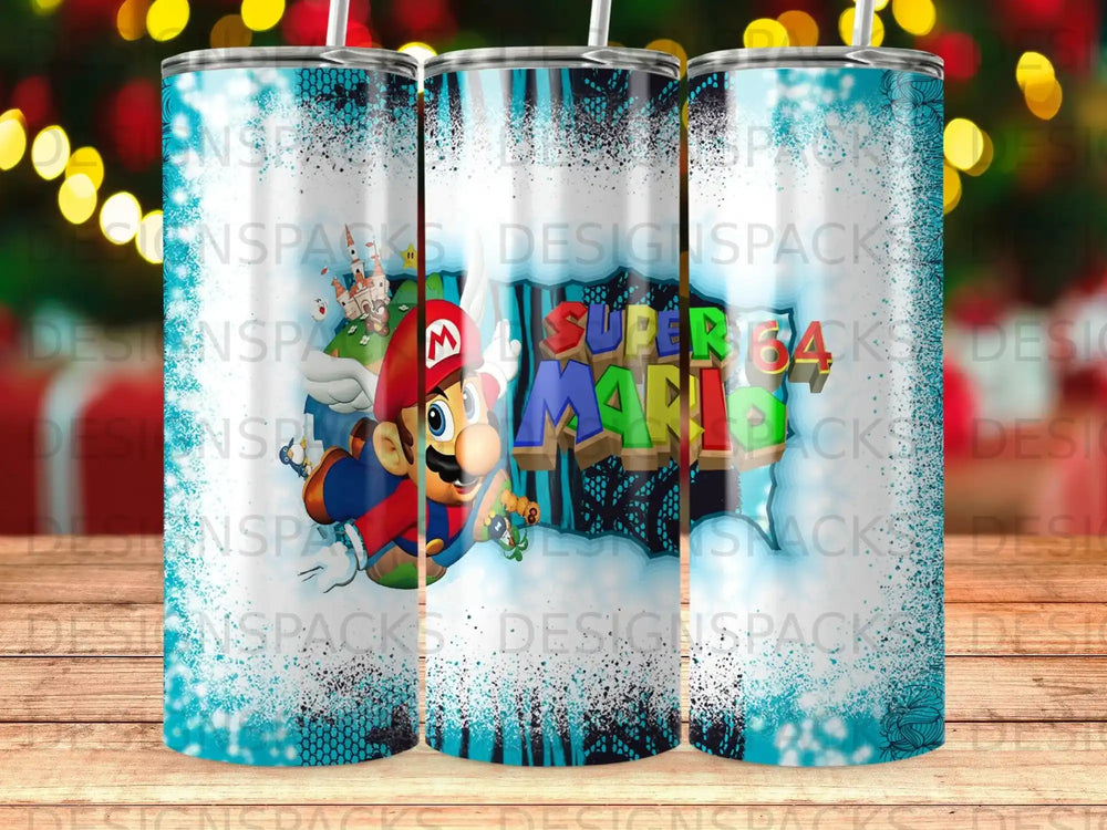 Mario character with "Super Mario" text and blue spray paint on tumblers.