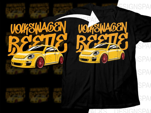Volkswagen Beetle t-shirt design with yellow car graphic, print-ready for DTF DTG