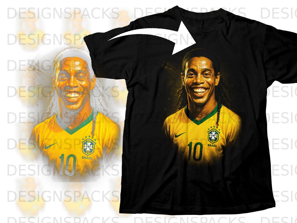 Black t-shirt with a graphic of Ronaldinho in a yellow Brazil soccer jersey.