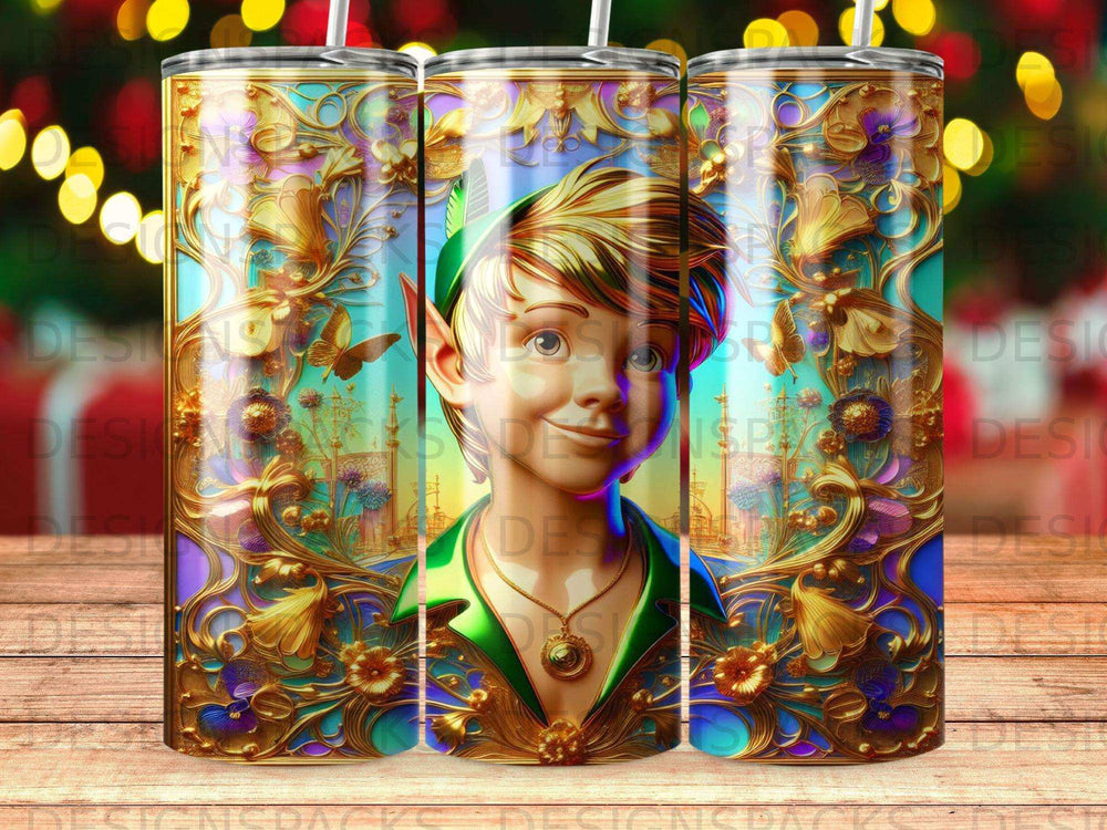 Peter Pan illustration with ornate gold floral border.
