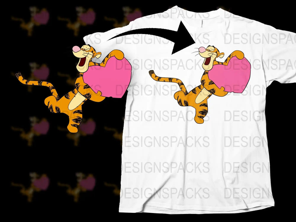 Tigger holding pink heart on white t-shirt, print-ready design for DTG/DTF