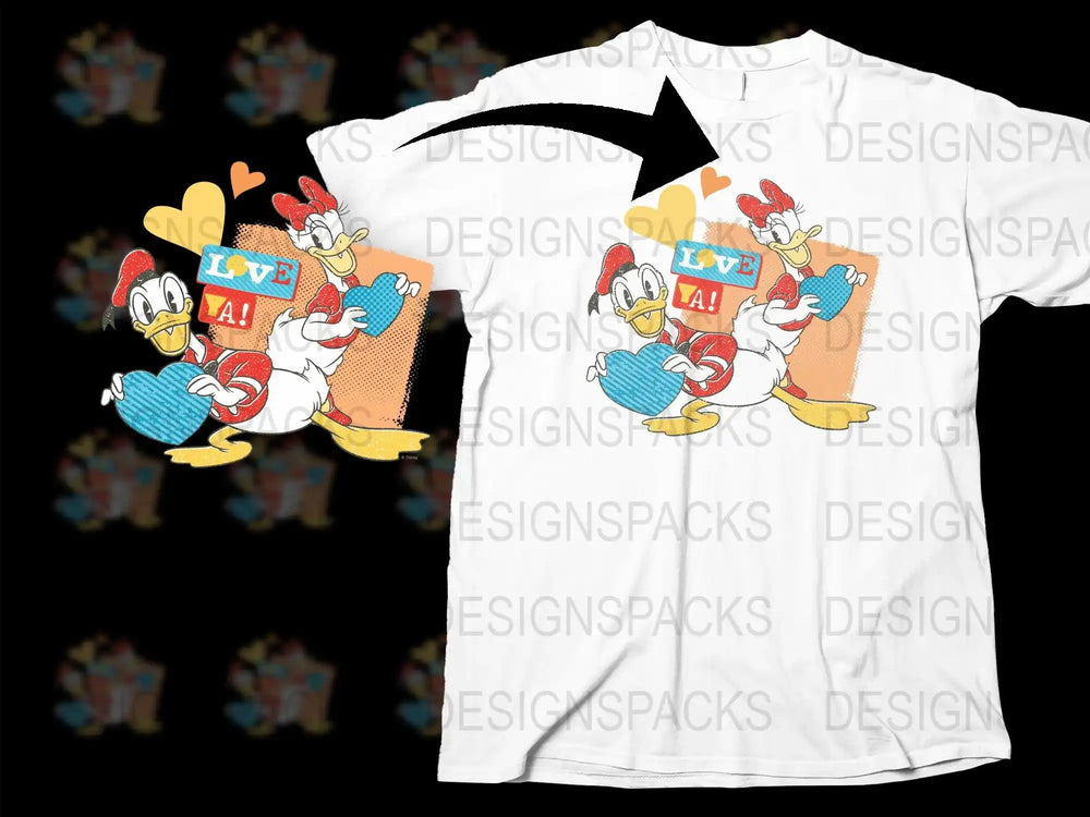 Donald and Daisy Duck holding hearts with 'LOVE YA!' text on white t-shirt design
