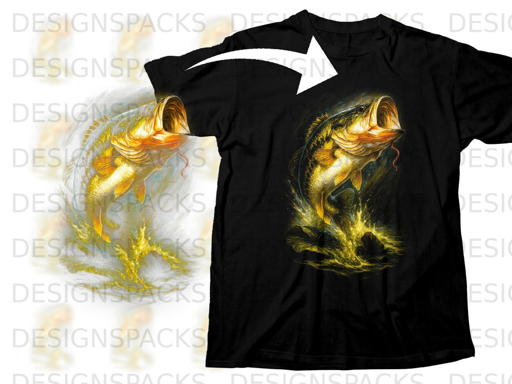 Black t-shirt with a jumping bass fish graphic with water splashes.