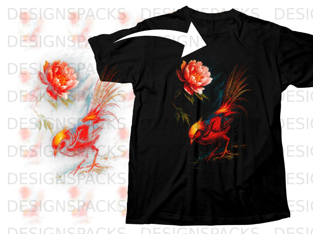 Black t-shirt featuring a vibrant print of a red pheasant and pink flowers.