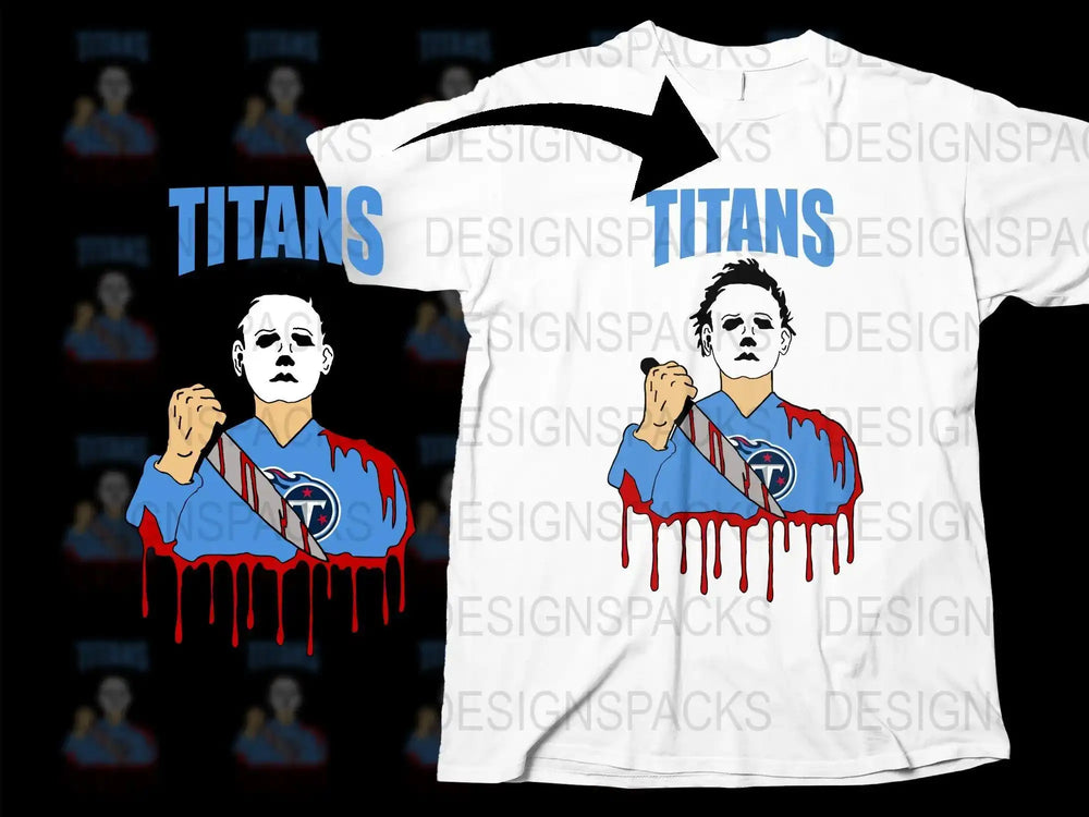 Michael Myers Titans t-shirt design with knife and blood, print-ready PNG