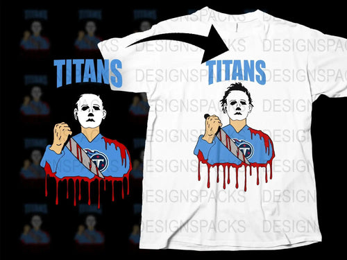 Michael Myers Titans t-shirt design with knife and blood, print-ready PNG