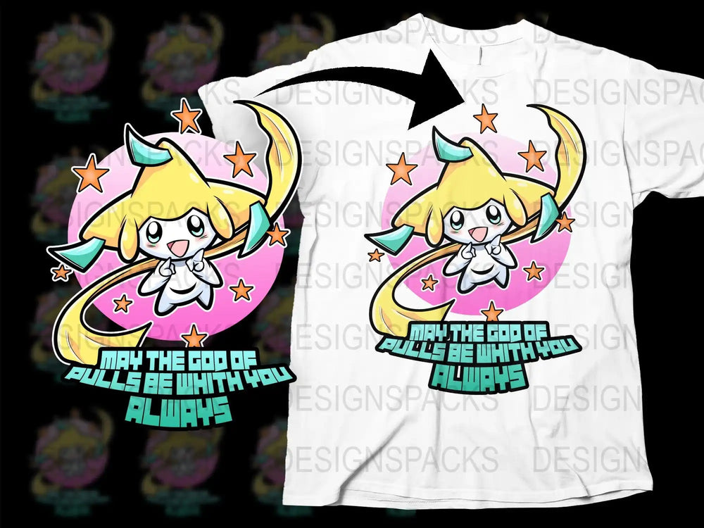Cute anime-style character with stars and text 'May the God of Pulls Be With You Always' on white t-shirt