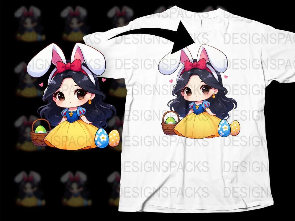 Chibi Snow White Easter bunny design for t-shirt, print-ready PNG with eggs and basket