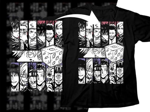 Anime character collage t-shirt design with eye-themed dice, ideal for DTF/DTG printing
