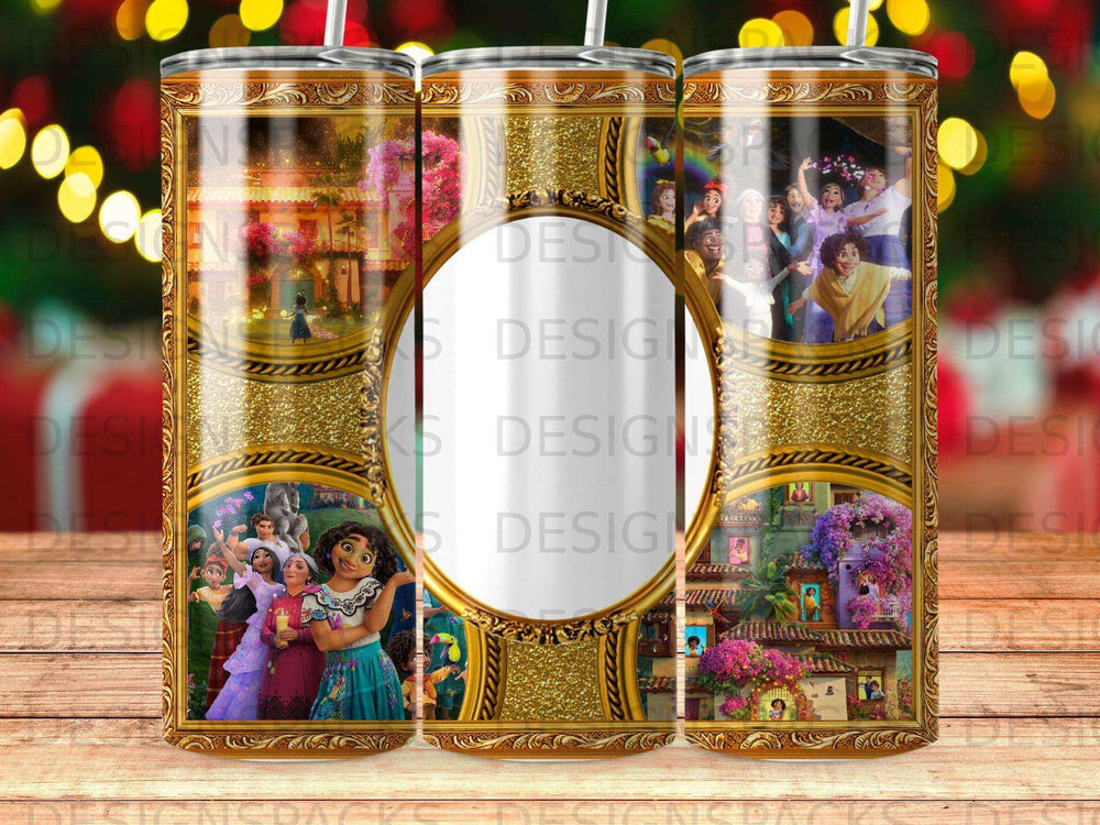 Encanto characters in gold-framed vignettes on a patterned tumbler.