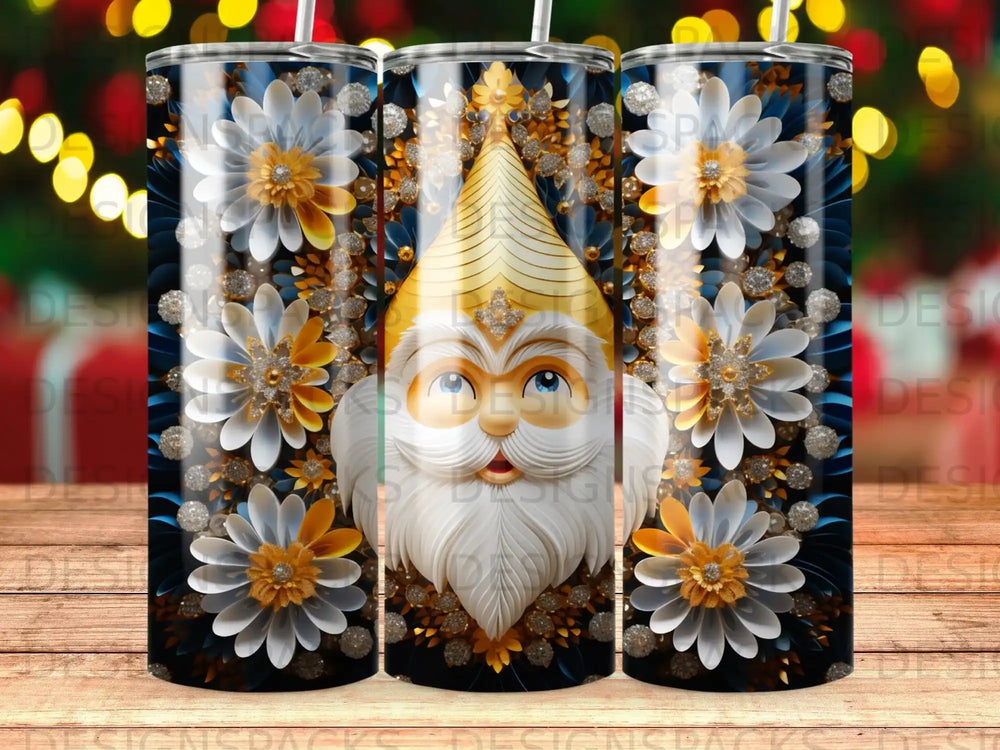 Christmas gnome with golden hat, white beard, and floral accents.