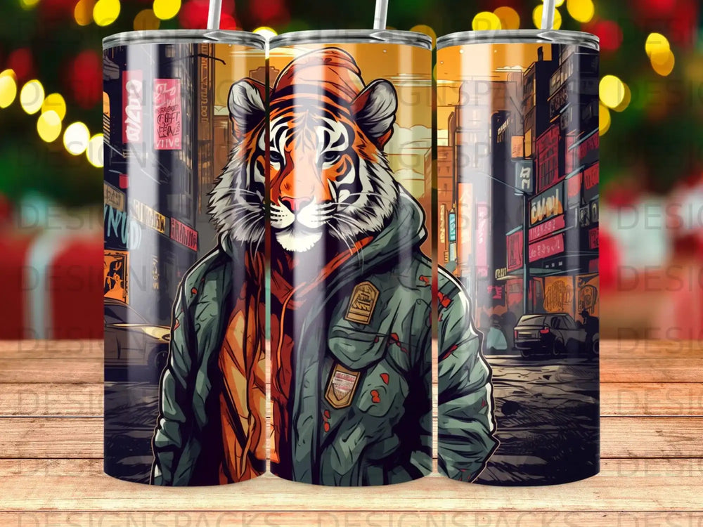 Tiger in a hoodie and jacket standing in a city street.