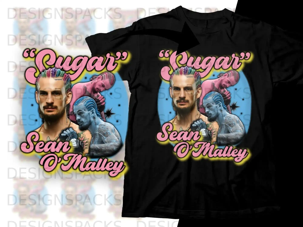 Sean O'Malley "Sugar" graphic on black t-shirt mockups.