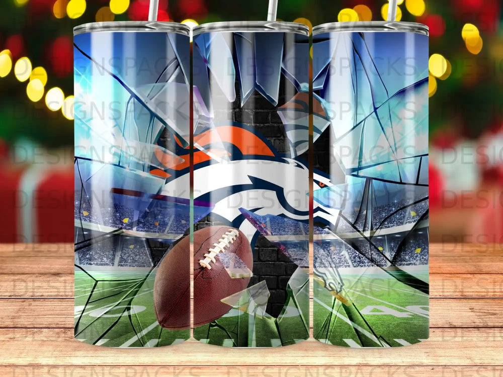Denver Broncos football stadium with shattered glass overlay on a tumbler.