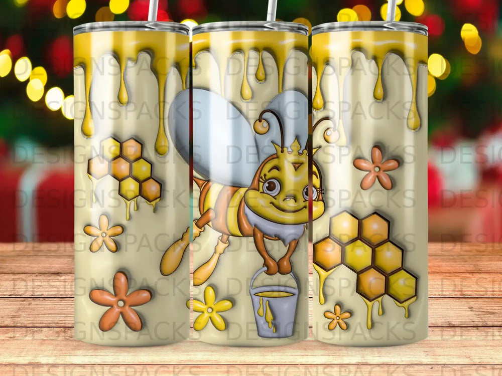 Happy bee holding a bucket, surrounded by honeycombs and flowers.