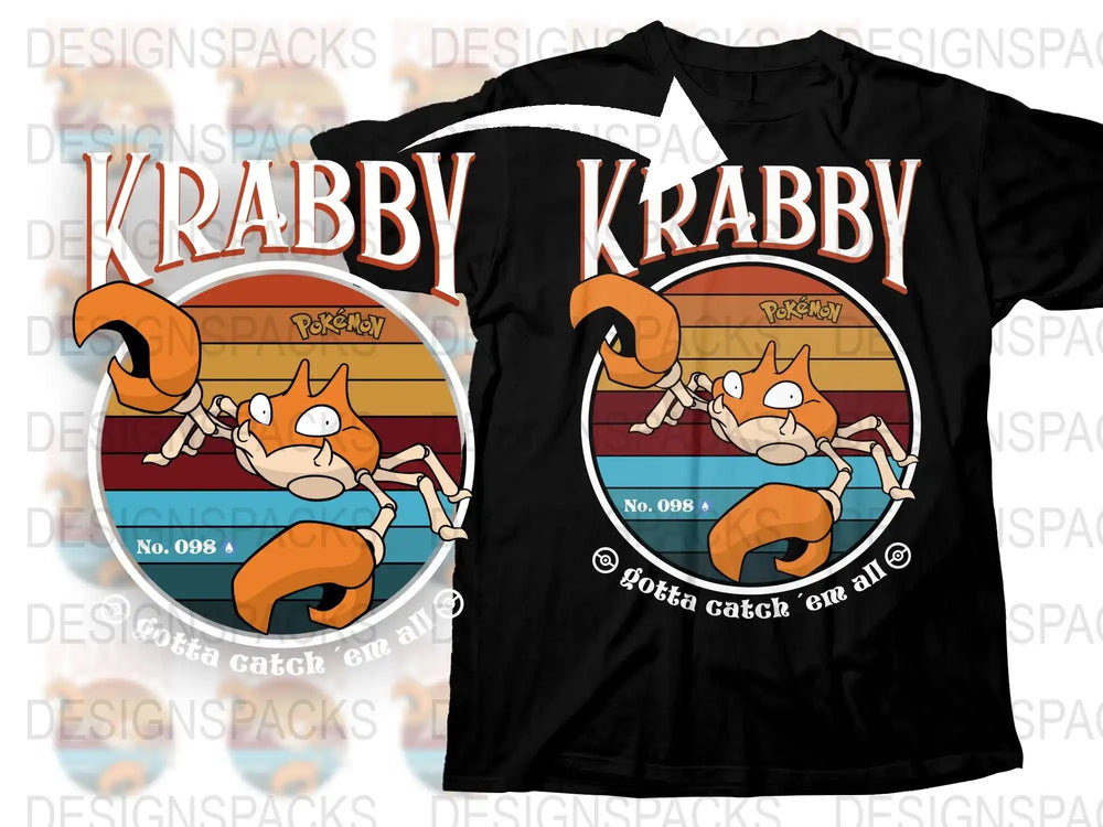 Krabby Pokémon No. 098 retro design on black t-shirt, 'gotta catch 'em all' slogan