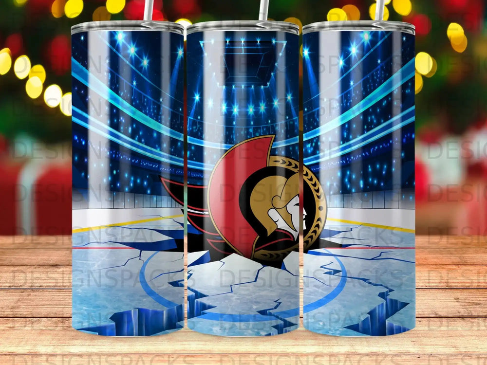 Hockey-themed tumbler featuring a team logo and arena background.