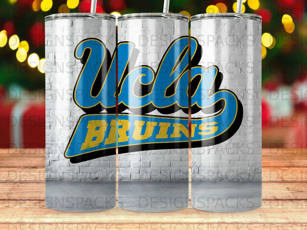 UCLA Bruins logo on a white brick patterned tumbler.