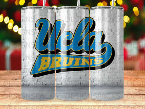UCLA Bruins logo on a white brick patterned tumbler.